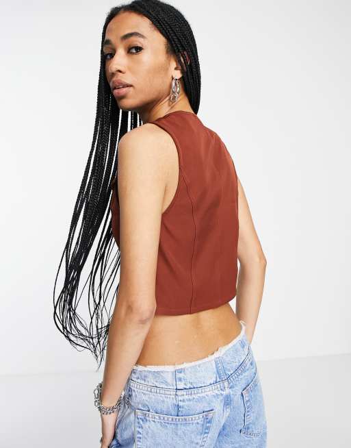 Reclaimed Vintage Inspired lace front vest in brown, 2 of 4