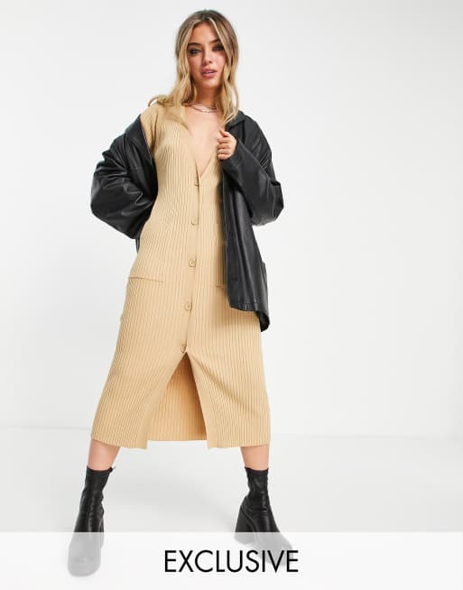 Reclaimed Vintage Inspired – Lange, gerippte Strickjacke in neutralem Farbton, Kombiteil