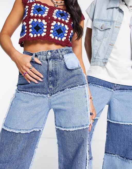 Reclaimed Vintage Inspired – Lappade unisex-jeans i pösig 00-stil, 3 av 4