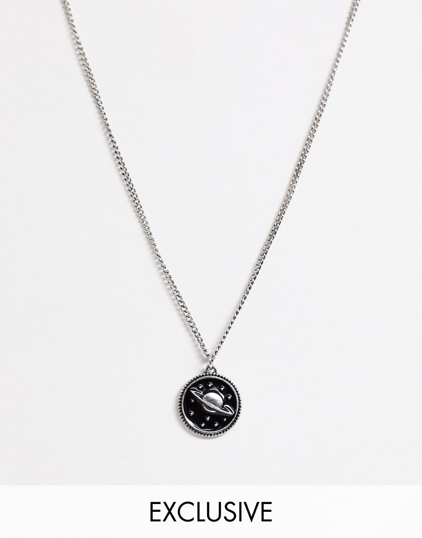 Reclaimed Vintage inspired layered neckchain in burnished silver with enamel space pendant in black exclusive to ASOS