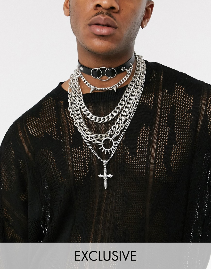 Reclaimed Vintage Inspired layered neckchain pack with spike choker in silver