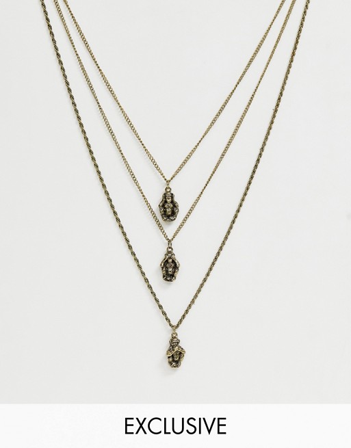 Reclaimed Vintage inspired layered neckchain with three monkeys in burnished gold exclusive to ASOS