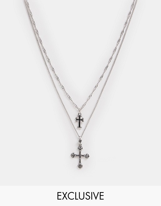 Reclaimed Vintage inspired layered necklace with double cross pendant exclusive to ASOS