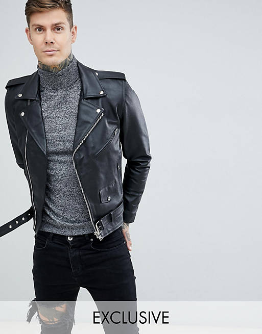 Reclaimed Vintage inspired leather biker jacket in black
