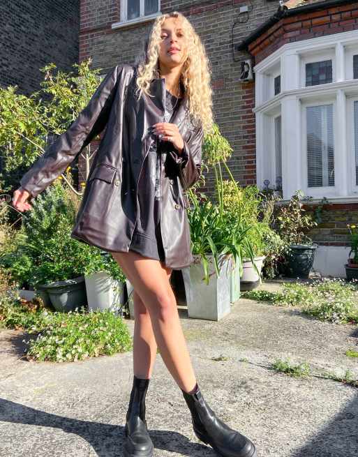 Reclaimed Vintage inspired leather look dad blazer in chocolate