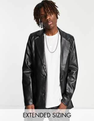 Reclaimed Vintage inspired leather look dad fit blazer in black