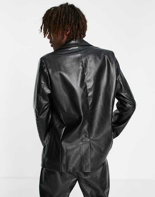 Reclaimed Vintage inspired leather look dad fit blazer in black