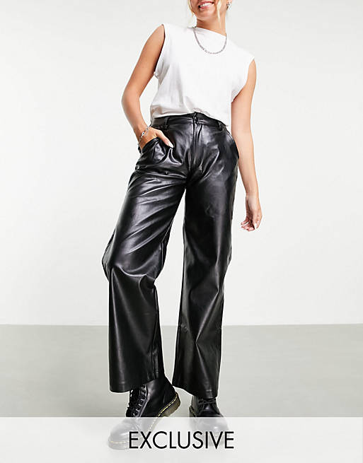 Reclaimed Vintage inspired leather look dad trousers in black