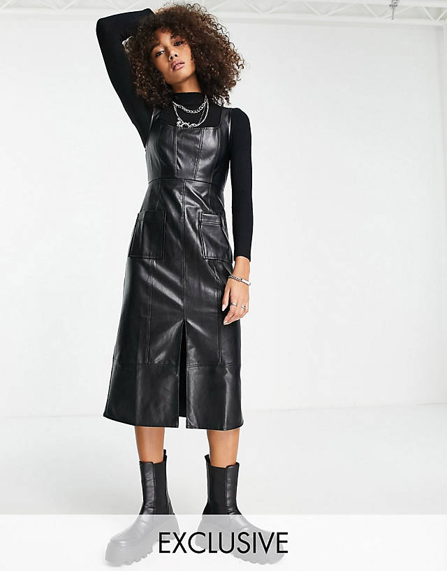 Reclaimed Vintage - inspired leather look midi pinny dress with pockets in black
