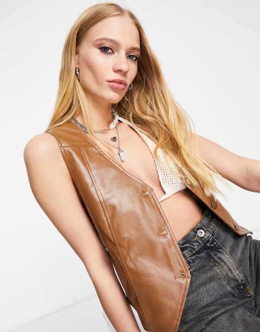 Reclaimed Vintage Inspired leather look vest in brown ASOS