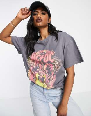 Reclaimed Vintage inspired lisenced ACDC t-shirt in charcoal - ASOS Price Checker