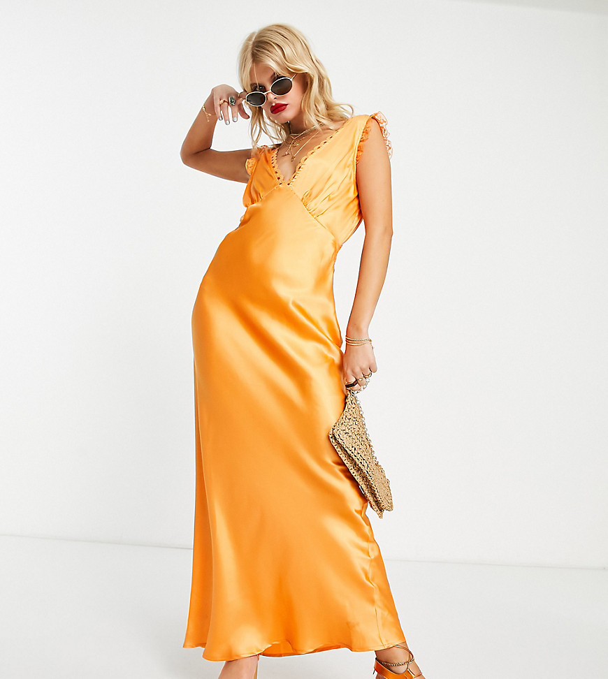 Reclaimed Vintage inspired limited edition satin maxi dress with lace detail-Orange