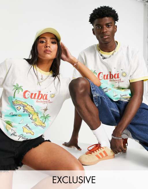 Reclaimed Vintage Inspired – Lockeres Unisex-T-Shirt aus Baumwolle in gebrochenem Weiß mit „Cuba“-Print