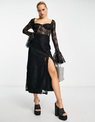 Reclaimed Vintage long sleeve lace corset midi dress in black