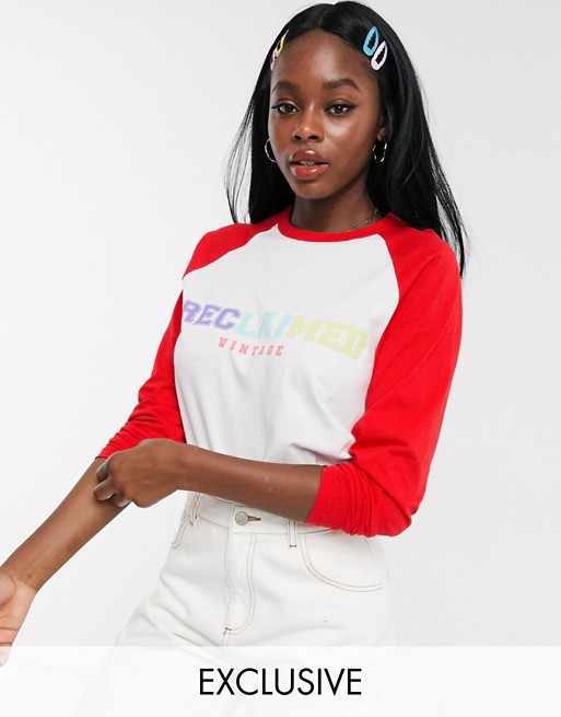 Reclaimed Vintage inspired long sleeve raglan t-shirt with rainbow logo print in white