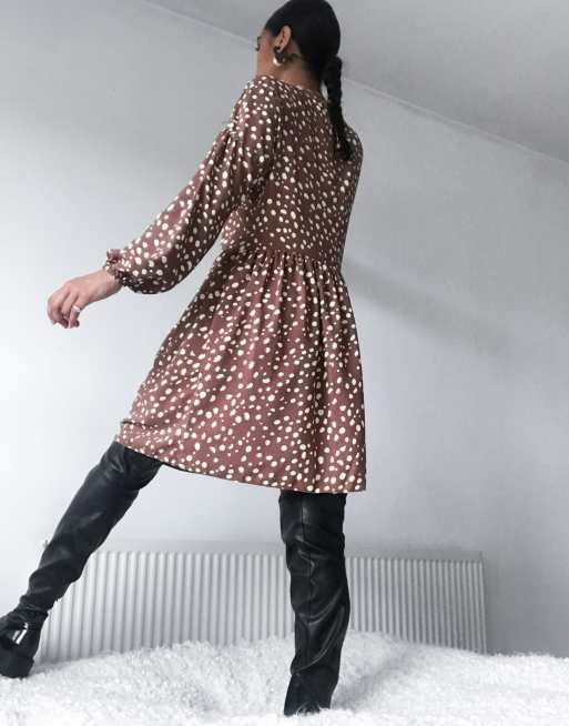 Reclaimed Vintage inspired long sleeve spot smock dress in