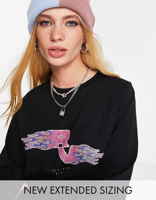 Reclaimed Vintage inspired  long sleeve t shirt with pink flame RV logo 
