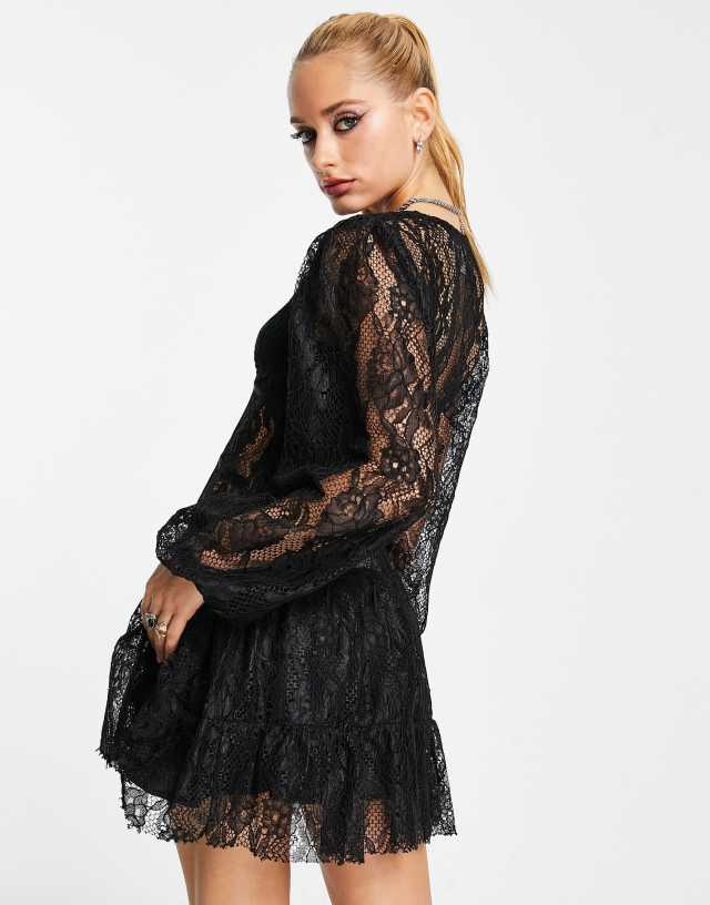 Reclaimed Vintage Inspired long sleeve tie front lace mini dress in black 0