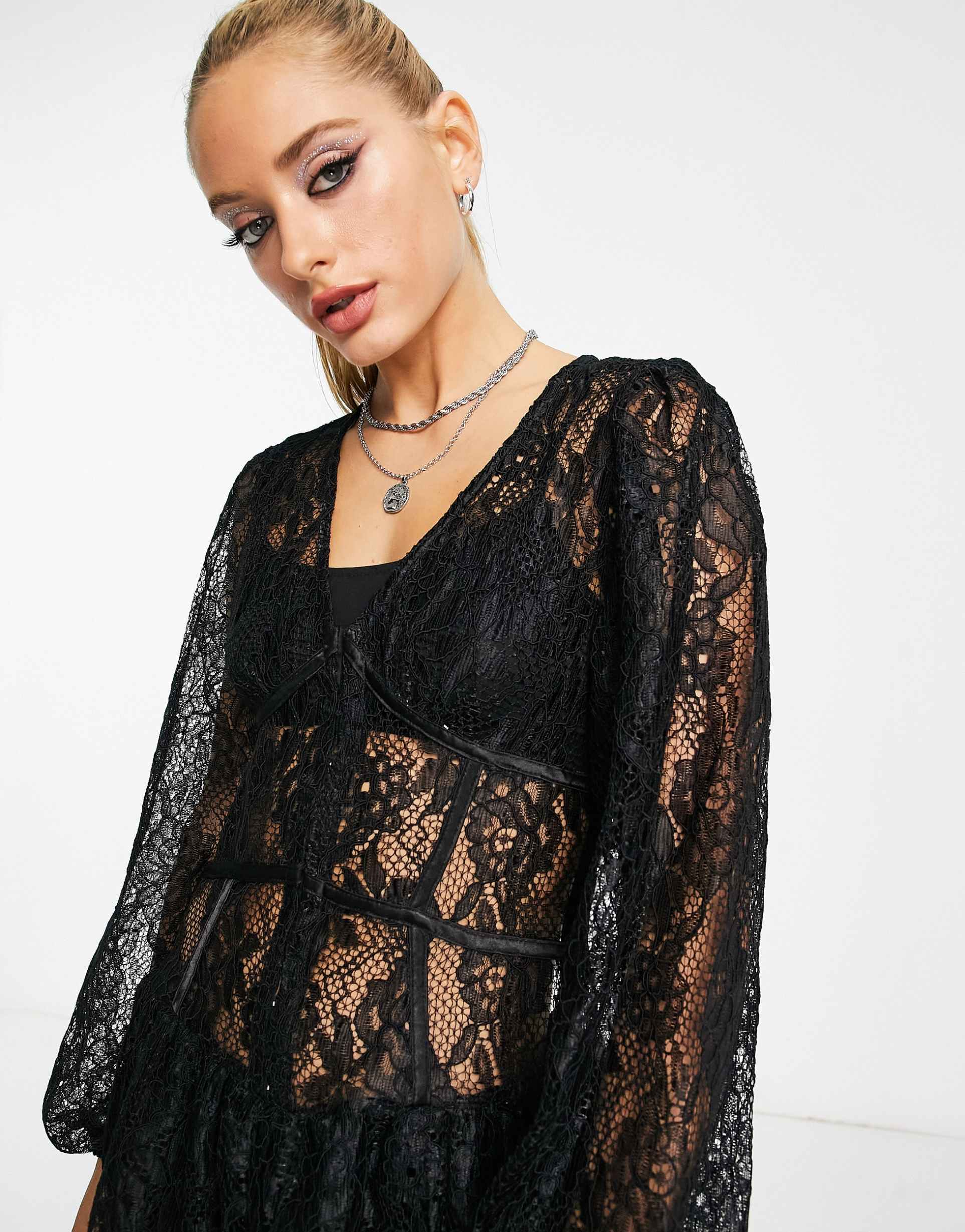 Reclaimed Vintage inspired long sleeve tie front lace mini dress in black