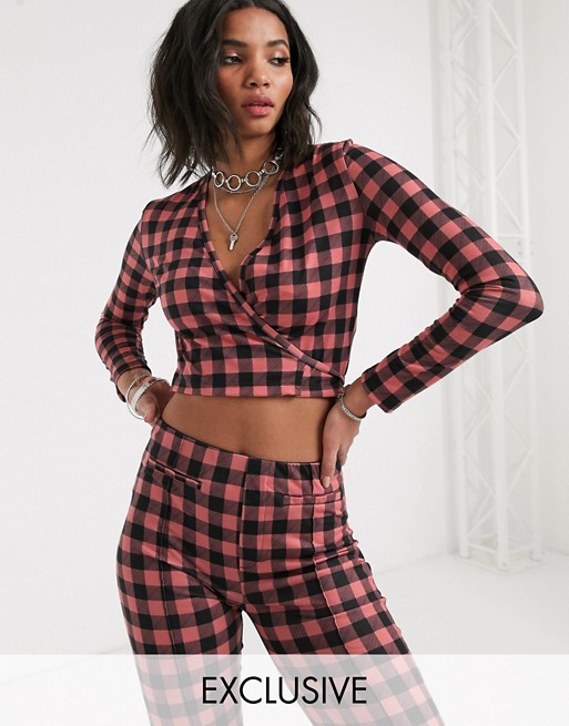 Reclaimed Vintage inspired long sleeve wrap top in check print