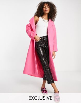 Reclaimed Vintage inspired longline duster coat in bright pink