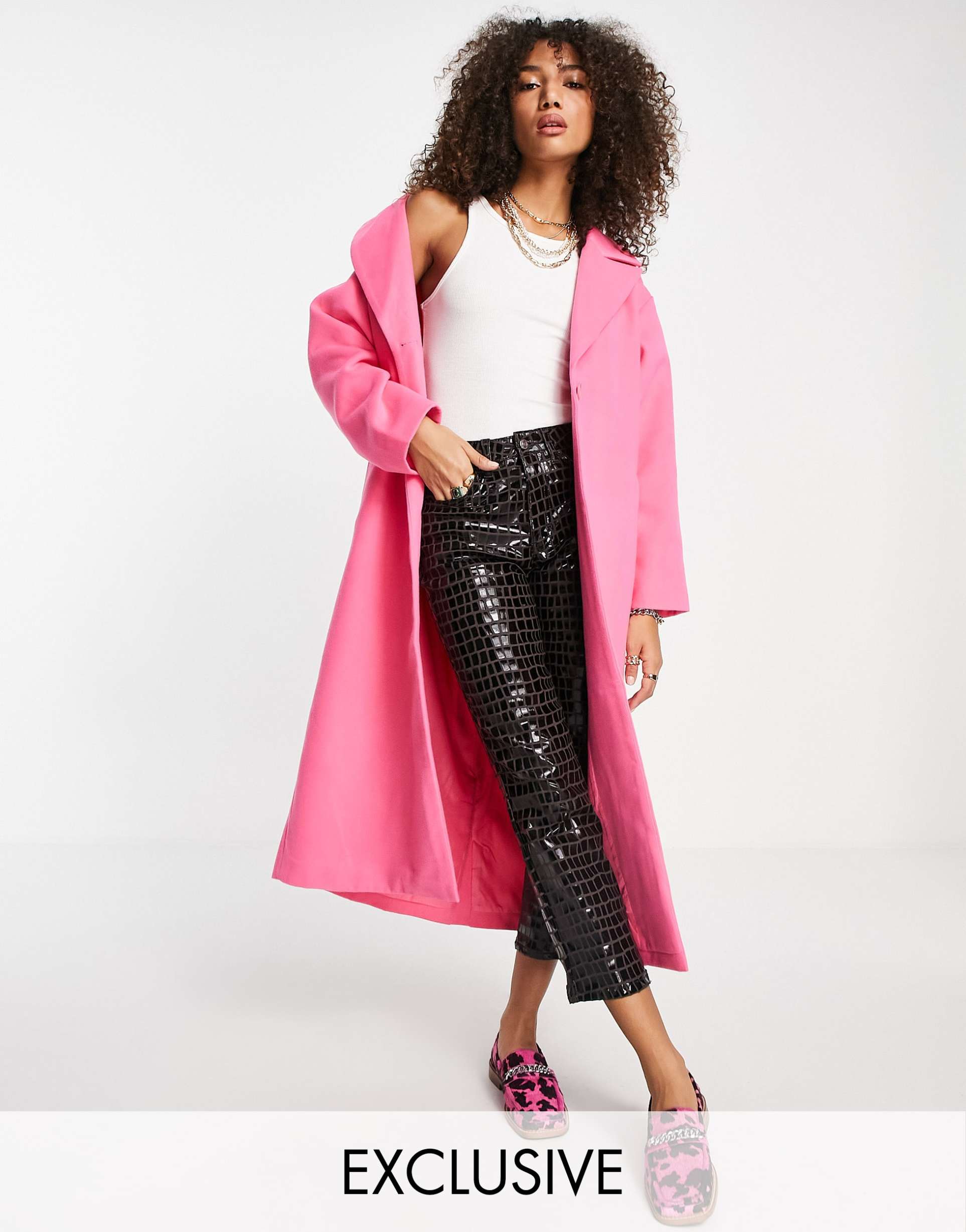 Reclaimed Vintage inspired longline duster coat in bright pink view 2