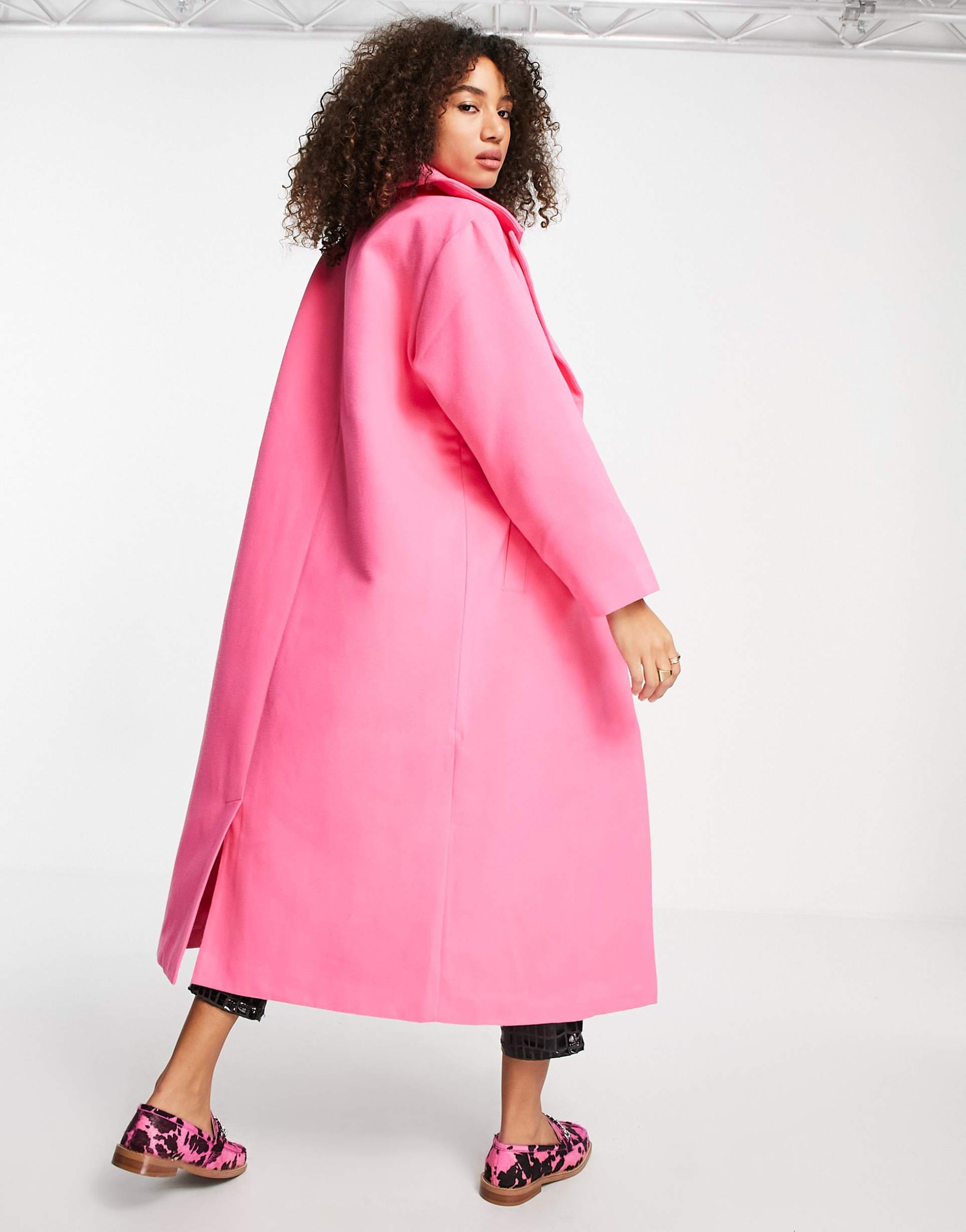 Reclaimed Vintage inspired longline duster coat in bright pink