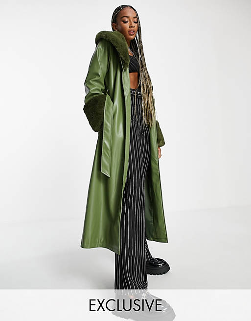 Reclaimed Vintage inspired longline leather look mac with detachable faux fur collar in sage