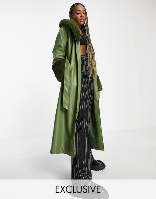 Reclaimed Vintage Inspired longline leather look trench with detachable faux fur collar in sage