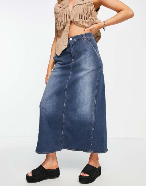 Reclaimed Vintage inspired low rise denim maxi skirt in dark blue