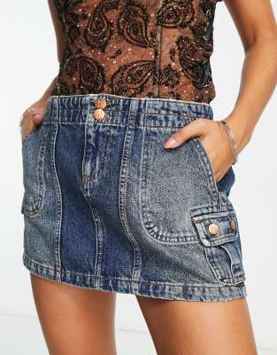 Dark Blue Vintage Asymmetric Stitch Low-Rise Denim Mini Skirt