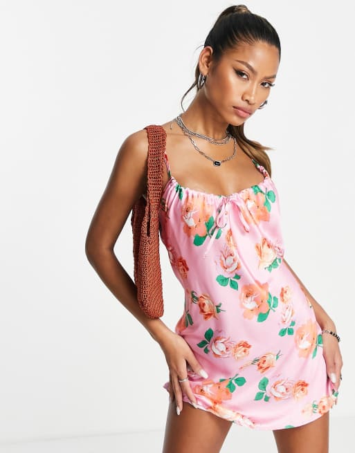 Reclaimed Vintage Inspired - Lyserød cami-kjole i satin med blomstermønster