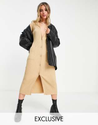 Reclaimed Vintage Inspired maxi cardigan in neutral rib (part of a set)