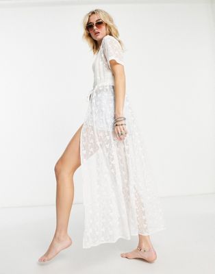 Reclaimed Vintage maxi beach cover up with floral embroidery in ivory