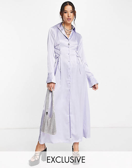  Reclaimed Vintage inspired maxi shirt dress in satin with tie waist detail 