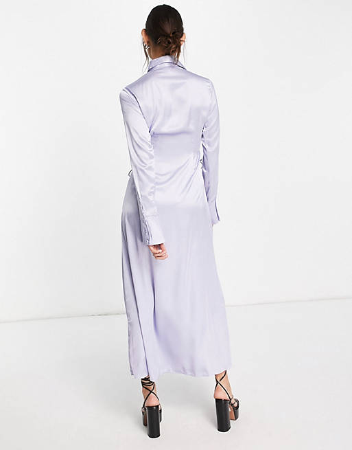  Reclaimed Vintage inspired maxi shirt dress in satin with tie waist detail 