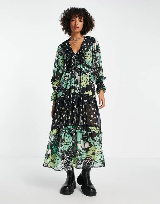 Reclaimed Vintage Inspired – Maxikleid in Dunkelgrün mit geteiltem Blumenmuster