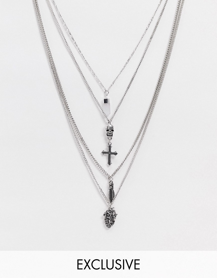 Reclaimed Vintage - Inspired - Meerlaagse ketting met gemengde gotische hangers in gepolijst zilver