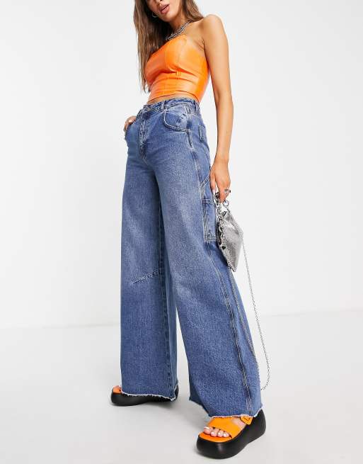 Reclaimed Vintage Inspired – Mellanblå snickarjeans i cargostil med tvättad finish