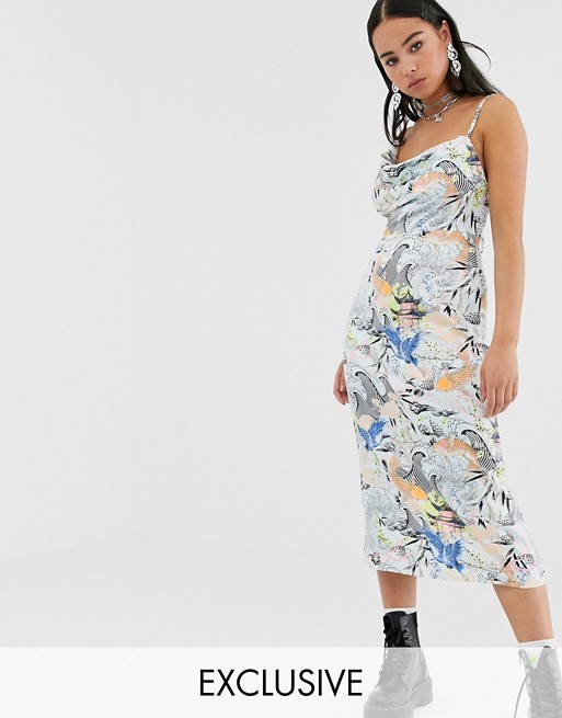 Reclaimed Vintage inspired midi dress with cowl neck in japanese print