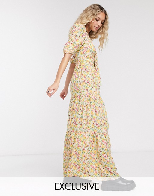 Reclaimed Vintage inspired tiered smock maxi dress with tie front in floral print