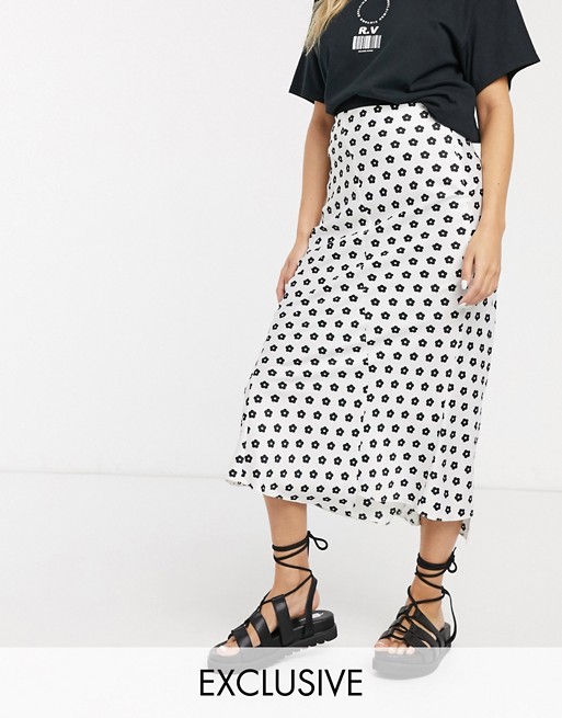 Reclaimed Vintage inspired midi satin skirt with step hem in mono ditsy print