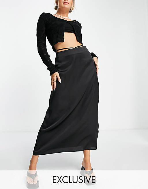 Reclaimed Vintage inspired 90's midi slip skirt with tie back in black co-ord