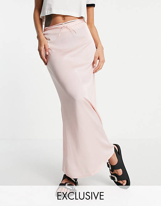 Reclaimed Vintage inspired midi slip skirt with tie detail co-ord in pink