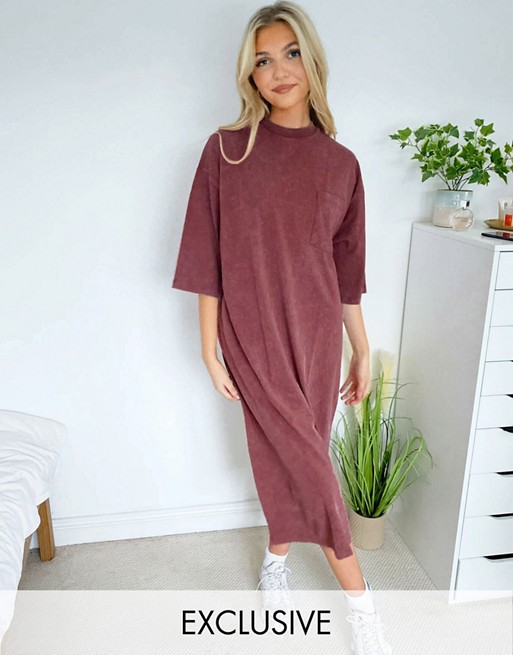 Reclaimed Vintage inspired midi t-shirt dress with pocket in burgundy