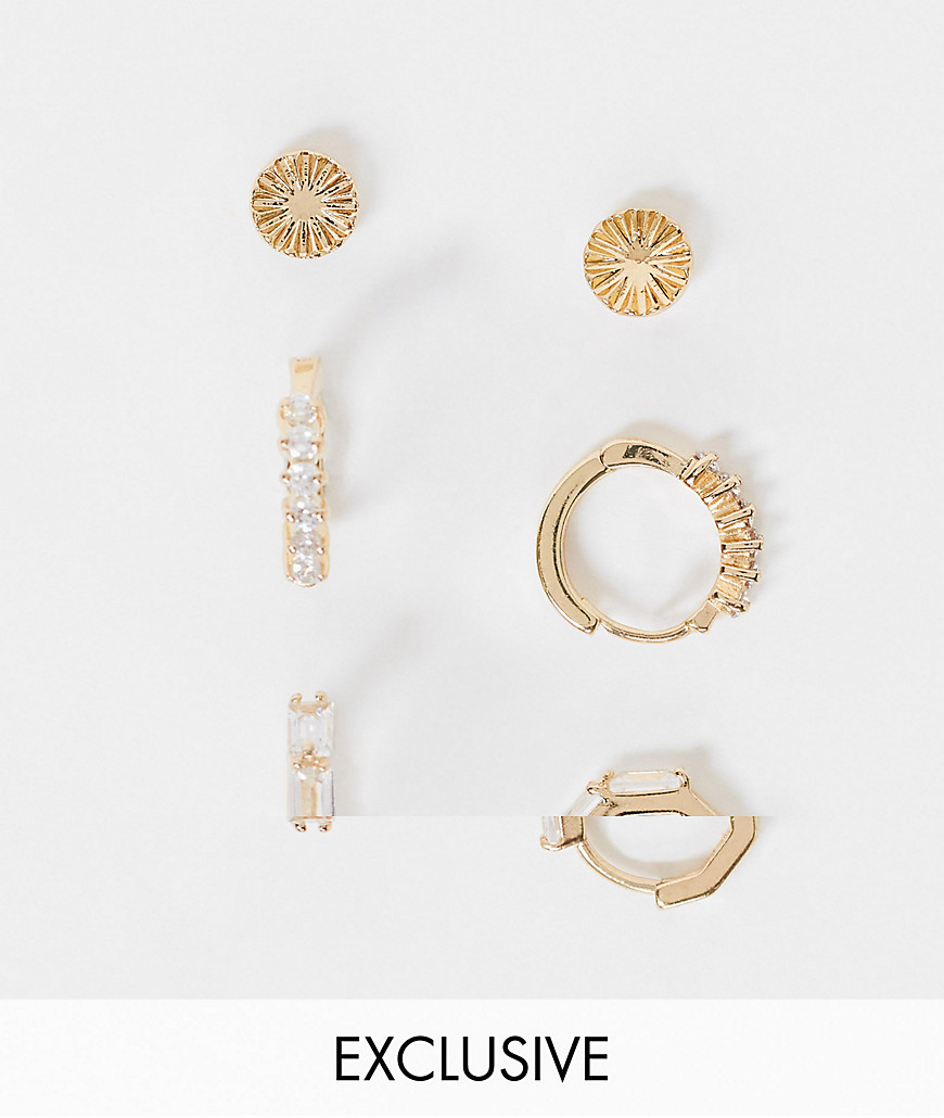 Reclaimed Vintage inspired mini crystal hoop and stud earring pack in gold
