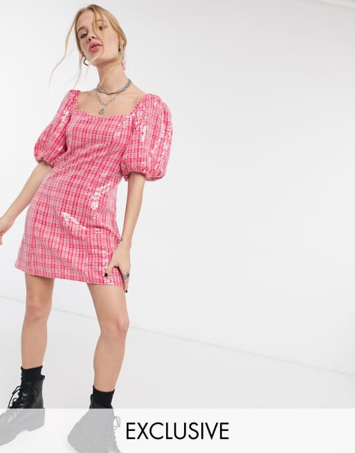 Reclaimed Vintage inspired mini dress with puff sleeve in pink sequin check