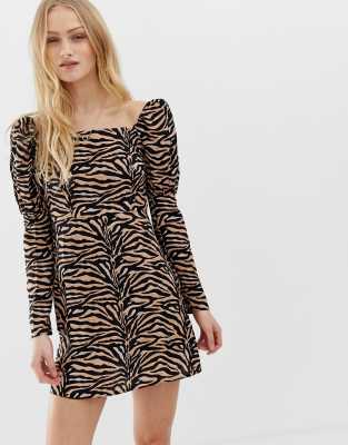 Reclaimed Vintage inspired mini dress with shoulder puff in tiger Print-Brown