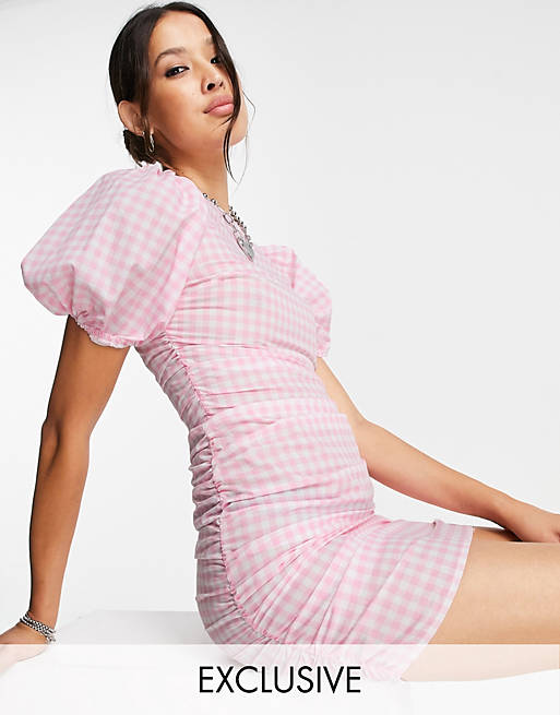Reclaimed Vintage Inspired - Mini jurk met pofmouwen en roze gingham ruit 