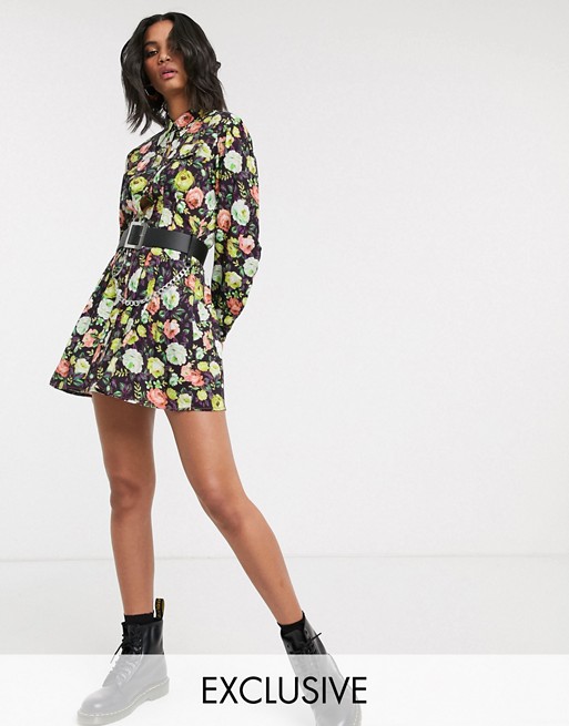 Reclaimed Vintage inspired mini shirt dress with waisted detail in floral print